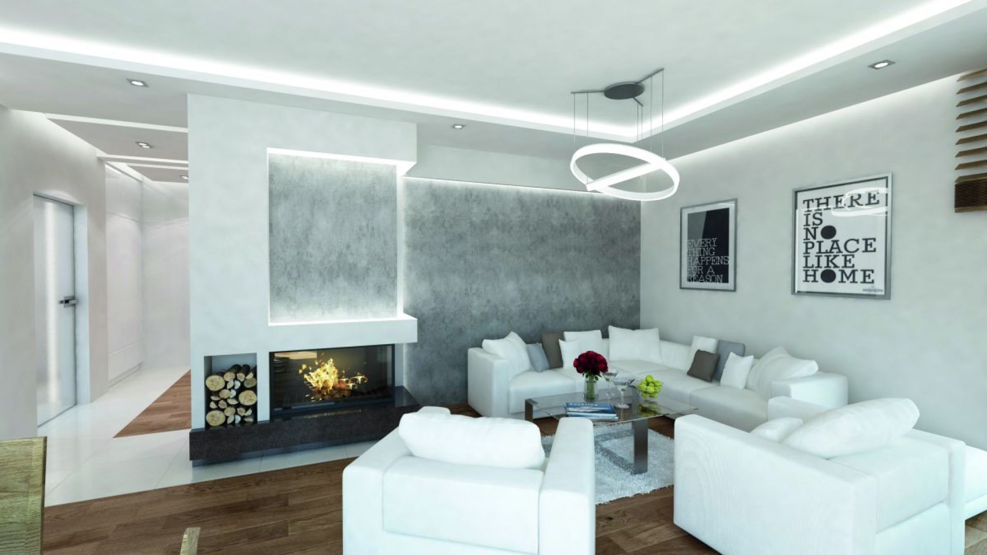 Wnętrza zaprojektowano w minimalistycznym stylu. Dominują w nich biele i szarości. Centralnym punktem salonu jest strefa relaksu, którą wyposażono w białą kanapę i fotele. Fot. Biuro Projektów MTM Styl