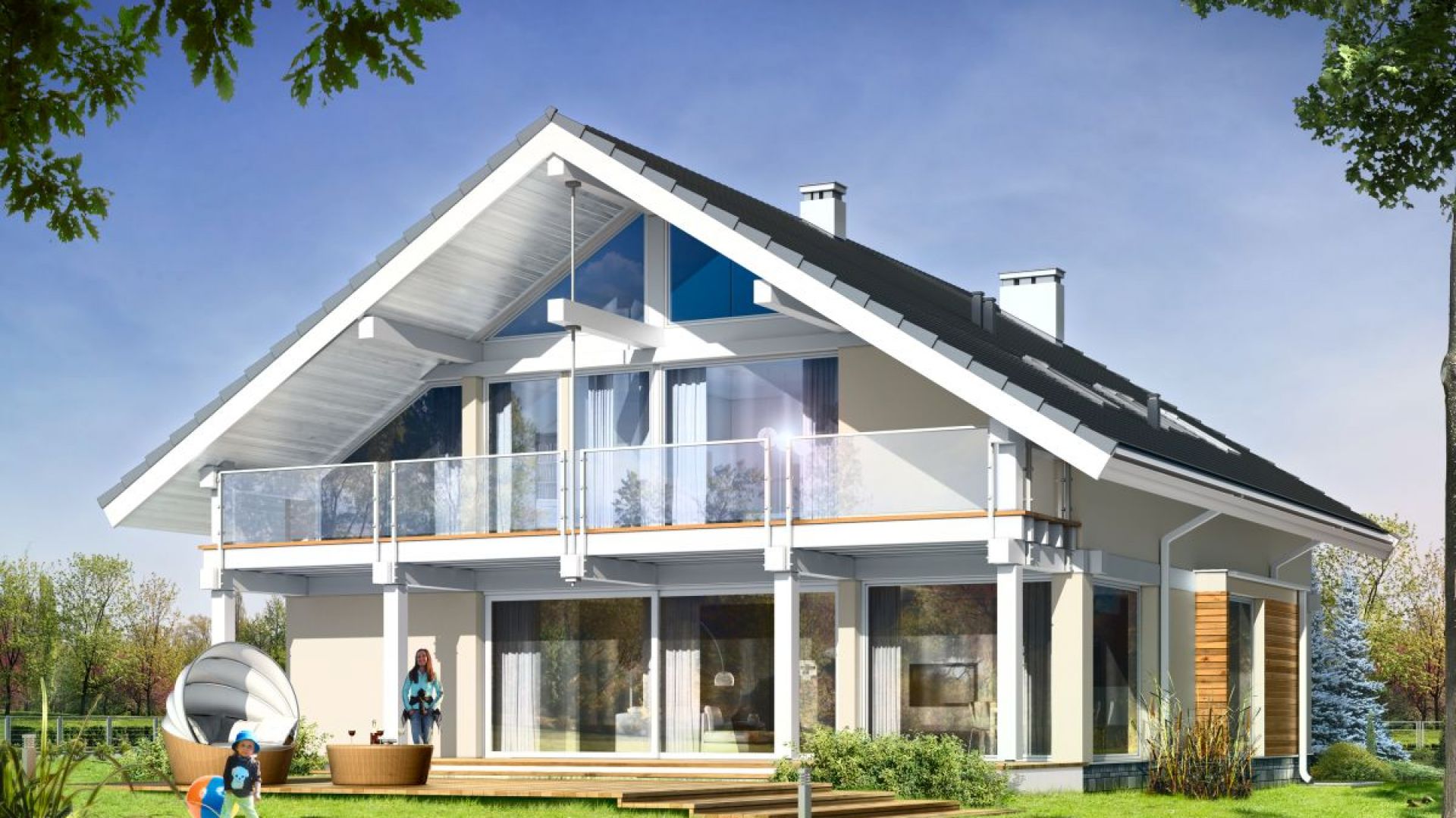 Duże przeszklenia, zaprojektowane na ogrodowej elewacji domu, w naturalny sposób łączą wnętrze z ogrodem. Projekt: arch. Michał Gąsiorowski, MG Projekt
