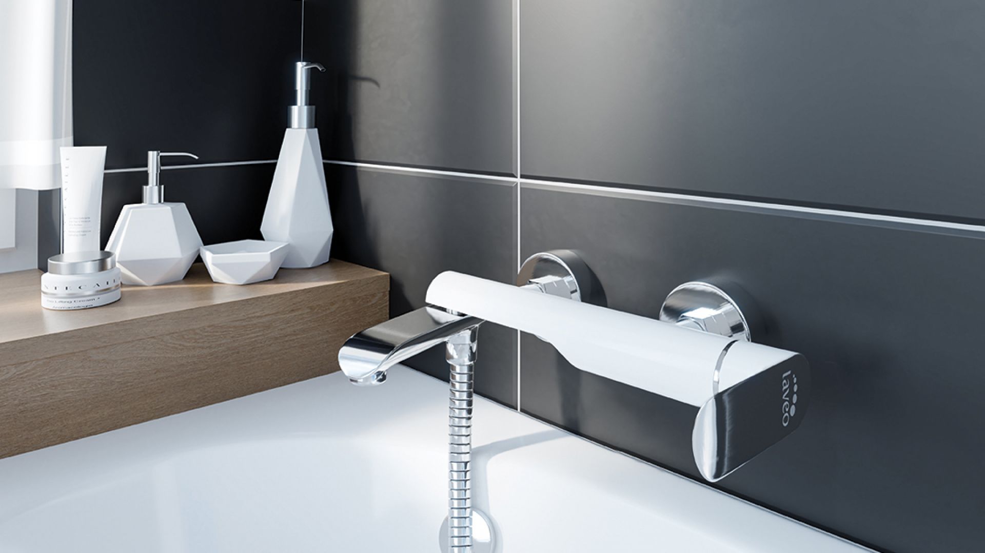 Bateria wannowa ścienna z ruchomą wylewką Laveo Alea. Produkt zgłoszony do konkursu Dobry Design 2019.