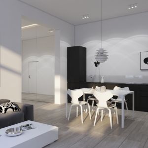 Nowoczesne wnętrze zaprojektowane w bieli i czerni. Projekt: Kosakowski Studio