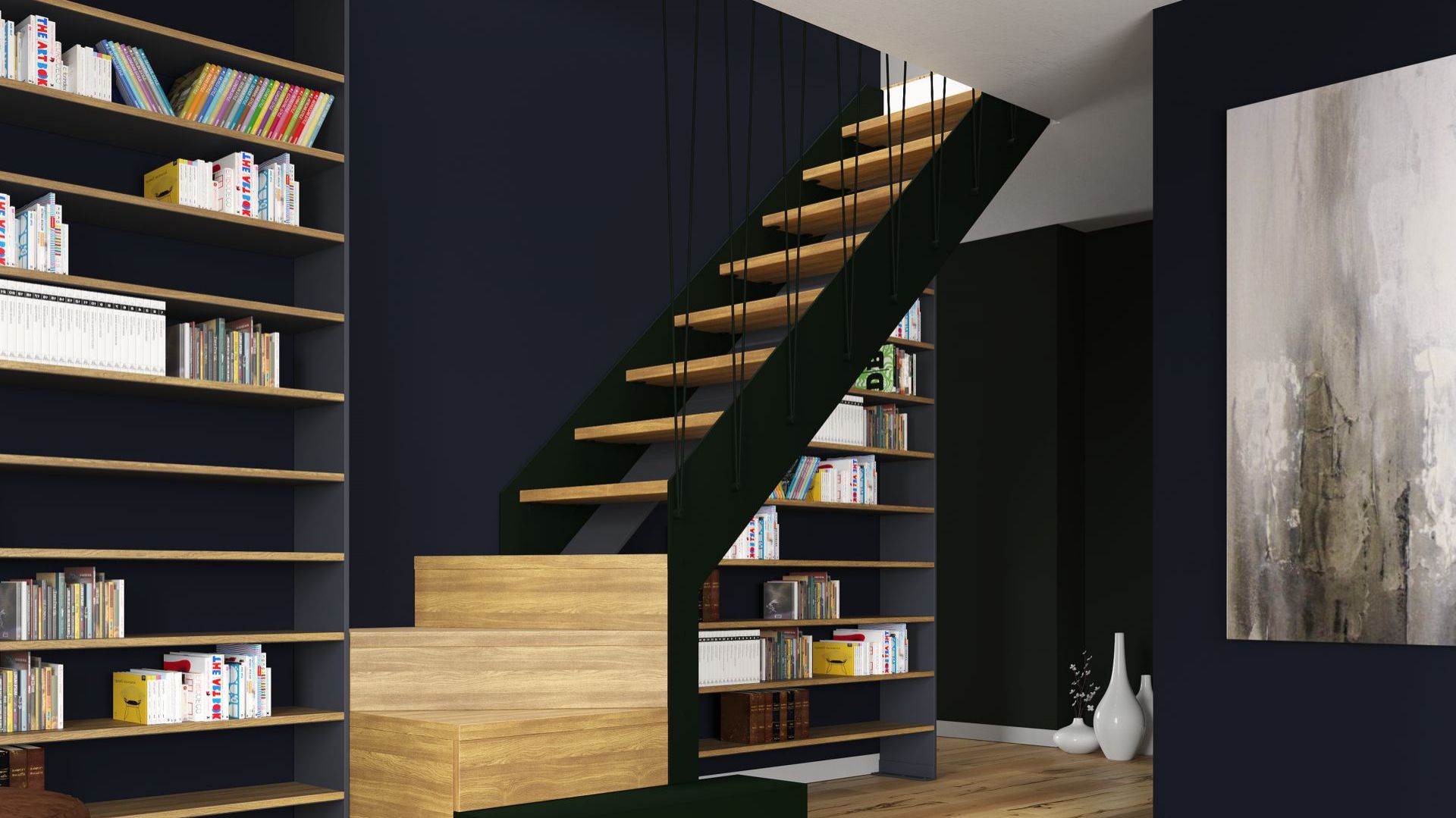 Schody Futura z balustradą Weld - projekt indywidualny.
Konstrukcja metalowa w kolorze zielonym. Stopnie z litego dębu w kolorze natura. Cena – od 23,7 tys. zł brutto (w ramach promocji listopadowej). Fot. Rintal Polska