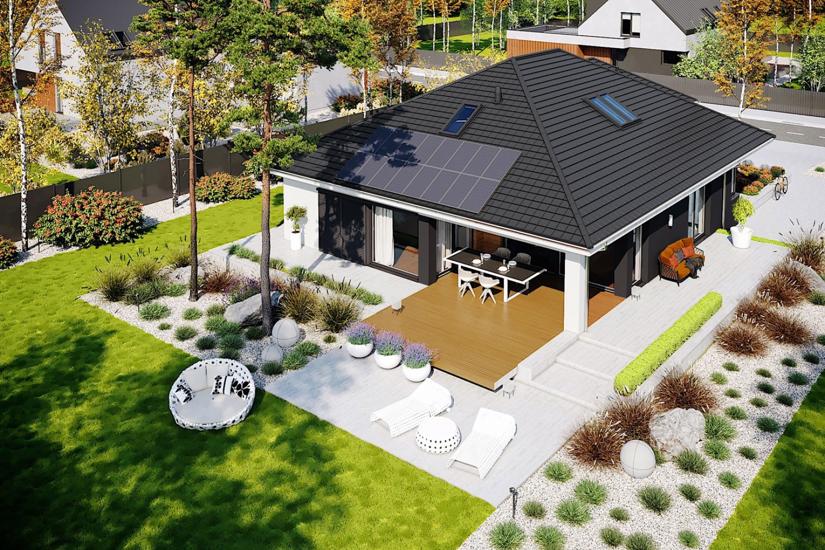 Projekt na start oferuje wygodną przestrzeń parteru (132,56 m2), a w kolejnym etapie poddasze do późniejszej adaptacji (w tym przypadku ponad 41 m2), które możemy dowolnie zaaranżować. Dom Alison IV G2 Energo Plus. Projekt: arch. Artur Wójciak. Fot. Pracownia Projektowa Archipelag