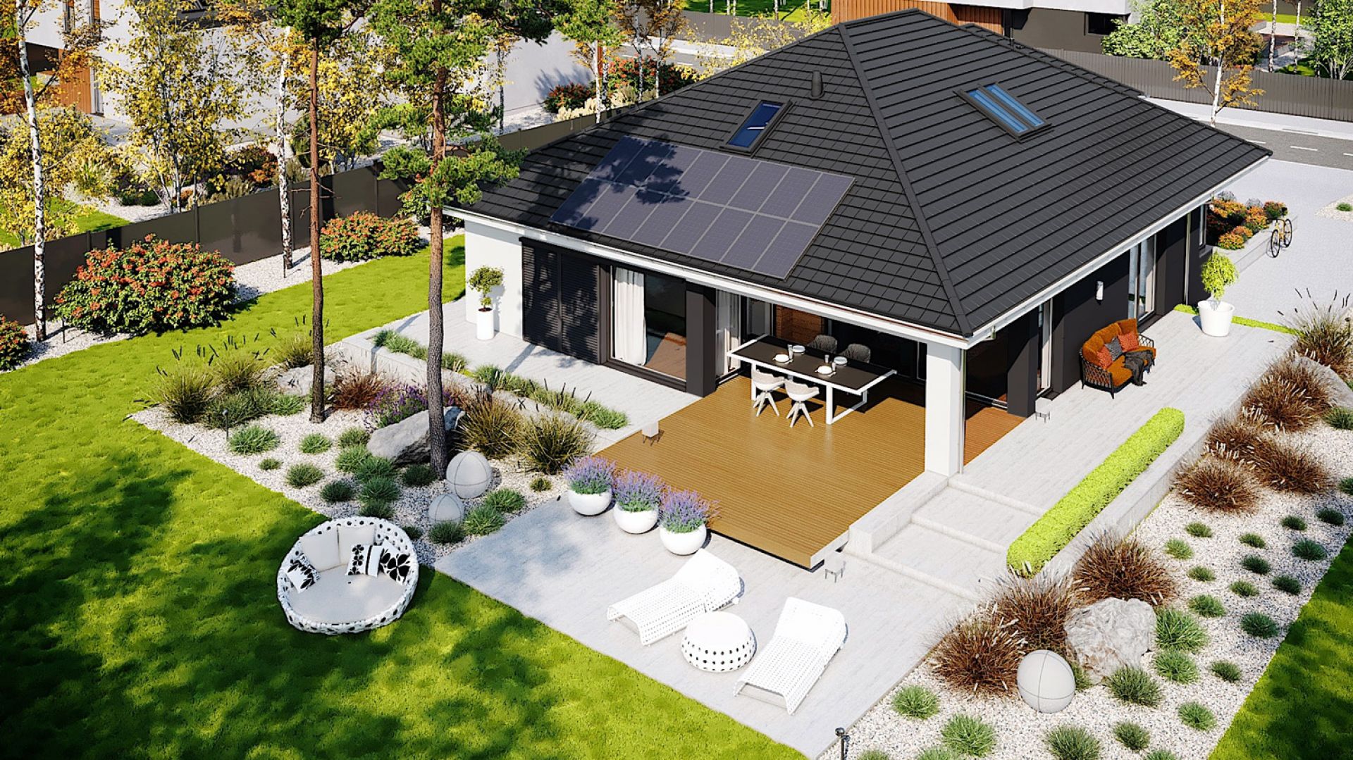 Projekt na start oferuje wygodną przestrzeń parteru (132,56 m2), a w kolejnym etapie poddasze do późniejszej adaptacji (w tym przypadku ponad 41 m2), które możemy dowolnie zaaranżować. Dom Alison IV G2 Energo Plus. Projekt: arch. Artur Wójciak. Fot. Pracownia Projektowa Archipelag