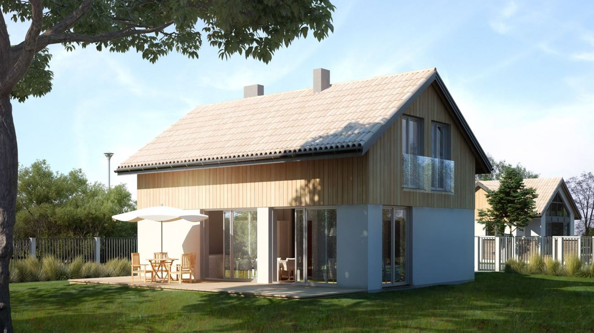 Drewniana szalówka i biały tyk doskonale ozdabiają i urozmaicają prostą bryłę domu. Dom Mini 1. Projekt: arch. Sylwia Strzelecka. Fot. Projekty Sylwii Strzeleckiej