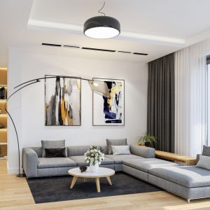 Dopełnieniem wystroju salonu jest nowoczesne oświetlenie. Dom Oszust. Projekt: arch. Michał Gąsiorowski. Fot. MG Projekt 