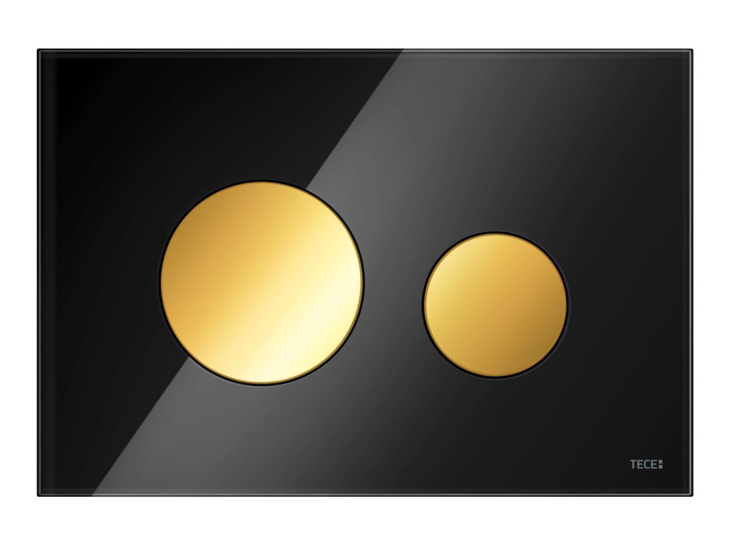 Czarna łazienka: szklane przyciski TECEloop szkło złote klawisze. Fot. Tece 
