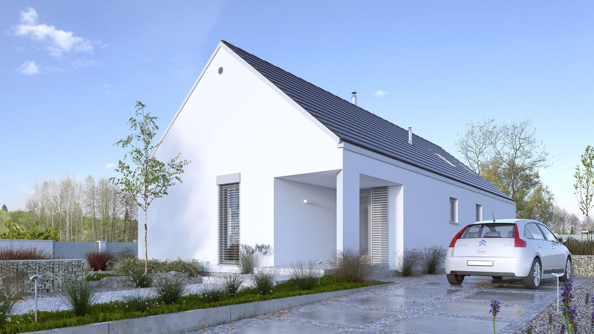 Projekt charakteryzuje prosta podłużna forma, przekryta dachem dwuspadowym oraz czytelny i ciekawy układ wnętrza z wysokim salonem i kuchnią. Dom Ekonomiczny 1B. Projekt: arch. Krzysztof Borowski, arch. Piotr Rynkiewicz. Fot. Domy z wizją