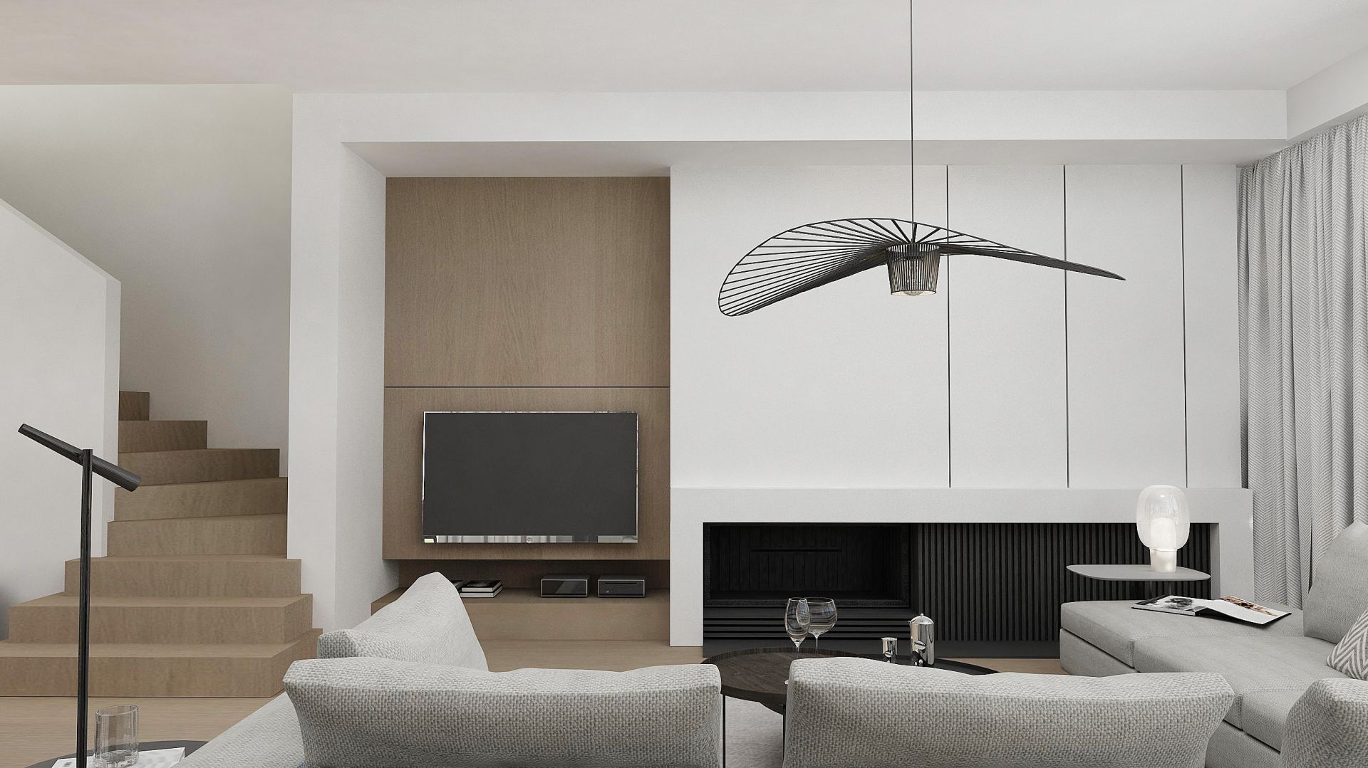 Centralną część salonu stanowi zabudowa z kominkiem utrzymana w minimalistycznej, modernistycznej stylistyce. Wkład kominkowy został obudowany blachą lakierowaną w kolorze czarnym, w formie pionowych lameli. Projekt: Paweł Wyrzykowski. Fot. Pracownia Architektoniczna Wyrzykowski Studio