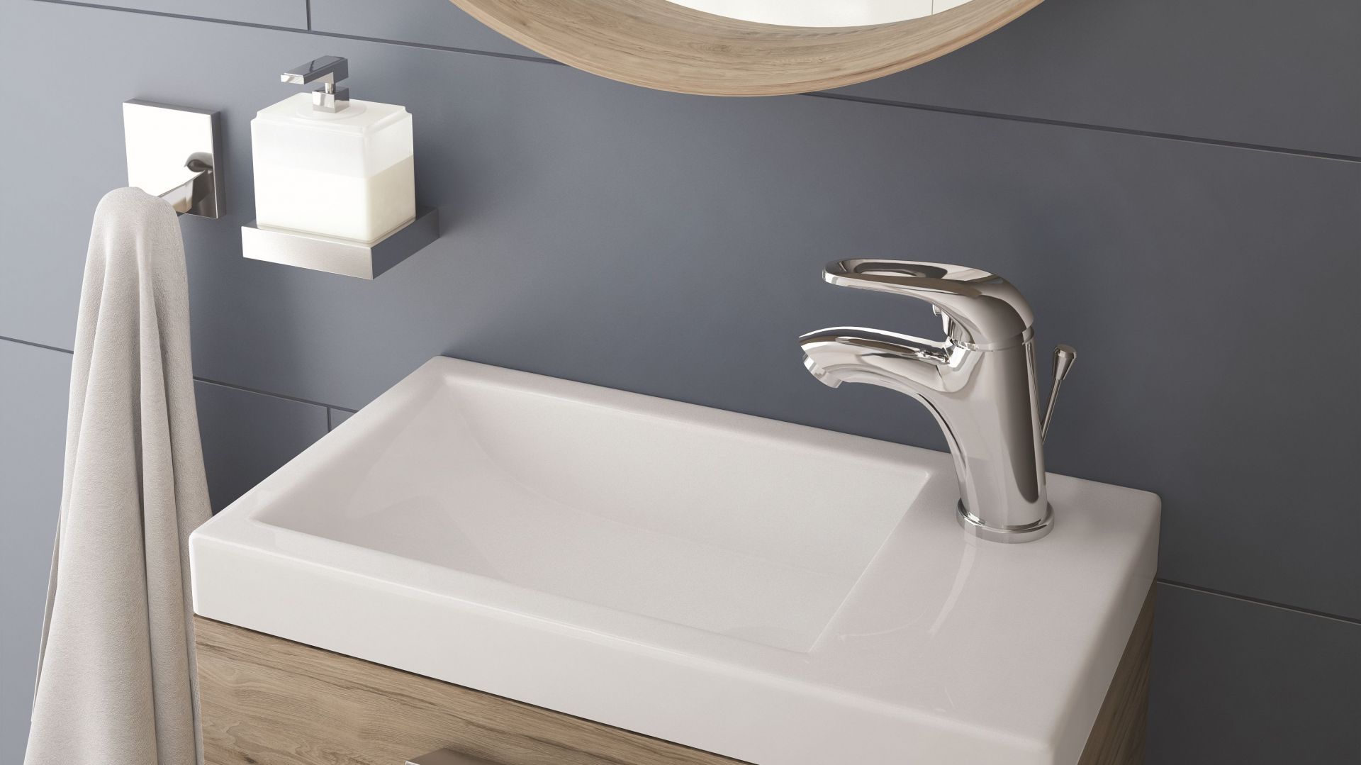 FUNKJA – umywalka wpuszczana w blat o wymiarach 450x250 mm, z otworem na baterię po prawej stronie zaprojektowana z myślą o najmniejszych łazienkach. Fot. Deante