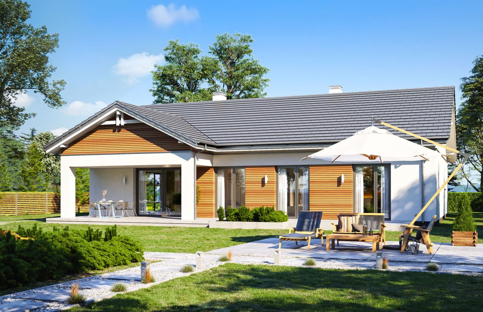 Parterowy 4 to dom o dachu dwuspadowym, prosty w budowie i o nieskomplikowanej bryle. Dom Parterowy 4. Projekt: arch. Michał Gąsiorowski. Fot. MG Projekt