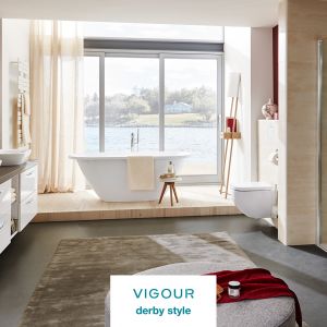 Całościowa aranżacja łazienki z VIGOUR derby. Produkt zgłoszony do konkursu Dobry Design 2020.