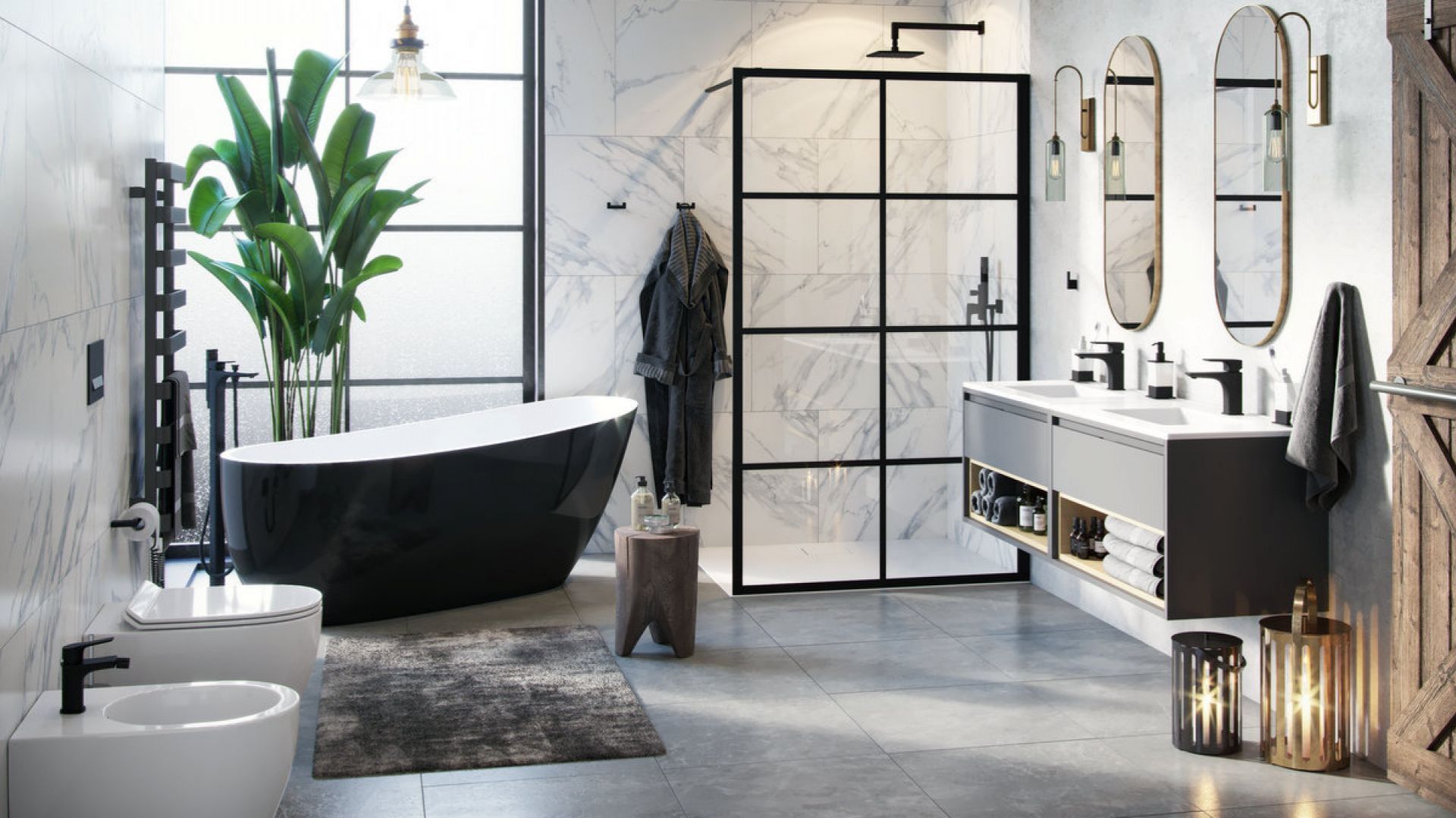FABRIKA - kabinę walk-in wyróżniają unikatowe, czarne szprosy wykonane z aluminiowego profilu, które podkreślają surowy, elegancki charakter łazienki. Fot. Excellent