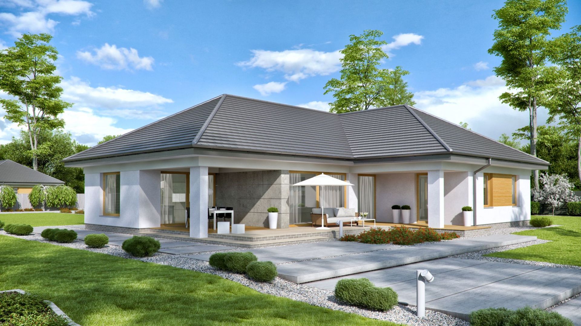 Biały tynk na elewacji uzupełniają drewno i szare płytki elewacyjne. Dom TK177. Projekt: arch. Tomasz Kałaska. Fot. Architeka Pracownia Architektoniczna