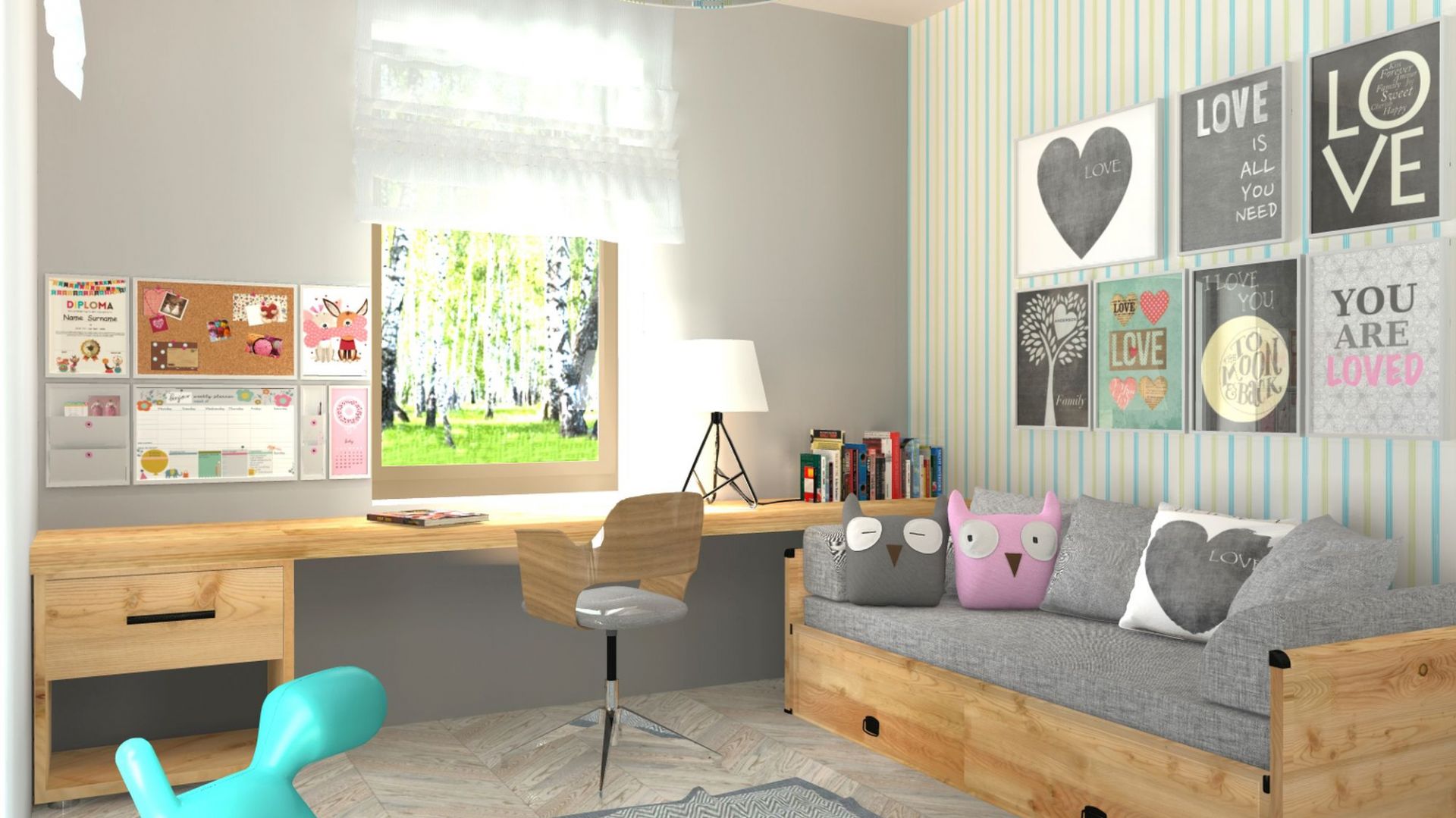 W pokoju dziecka znalazły się komfortowe meble do wypoczynku, jak również dobrze zorganizowana przestrzeń do nauki. Dom TK177. Projekt: arch. Tomasz Kałaska. Fot. Architeka Pracownia Architektoniczna
