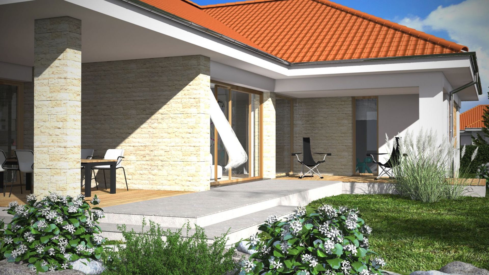 Rozległy, w dużym stopniu zadaszony taras zachęca do wypoczynku w letnie dni. Dom TK177. Projekt: arch. Tomasz Kałaska. Fot. Architeka Pracownia Architektoniczna