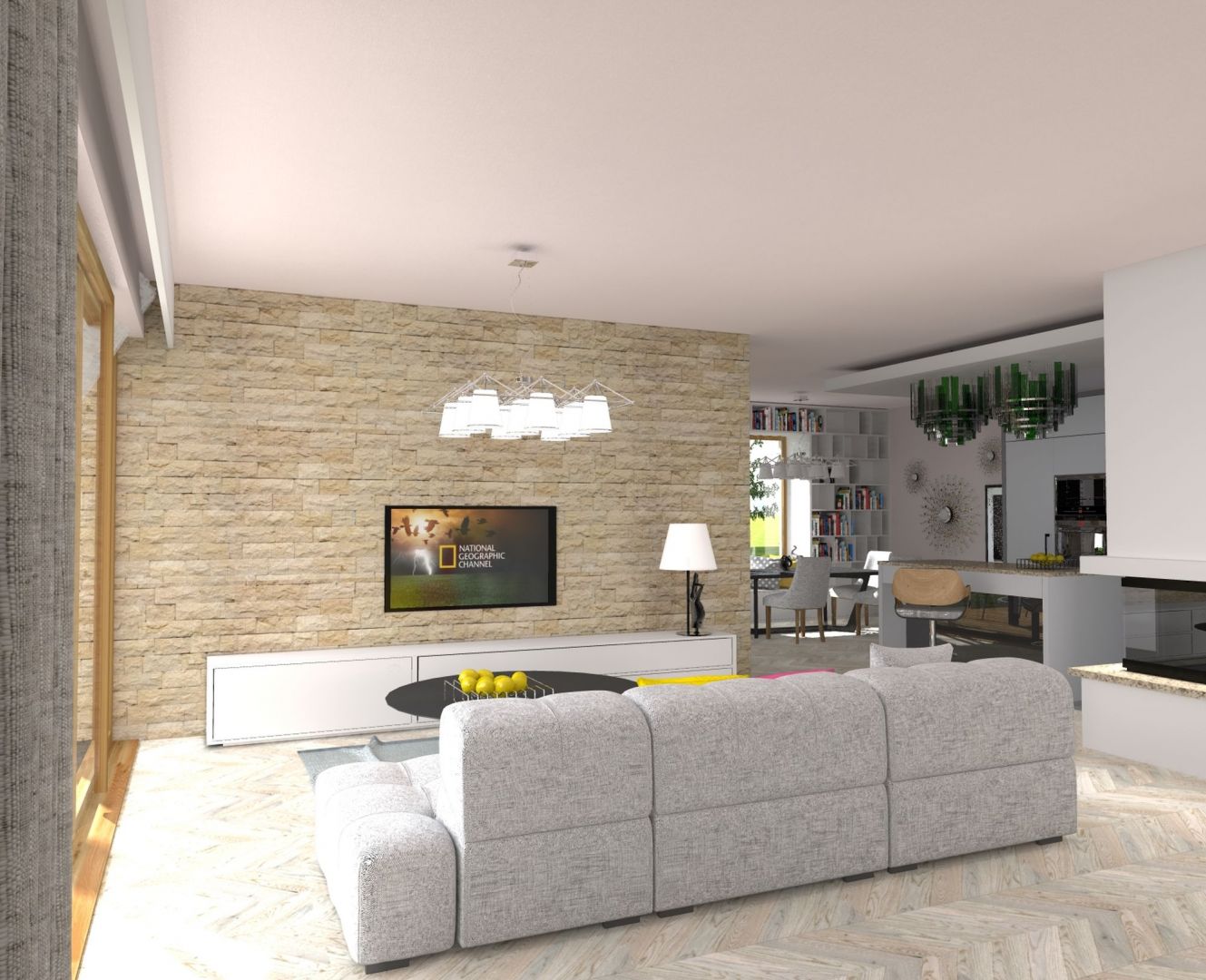 ściana telewizyjna została wykończona modnym kamieniem. Dom TK177. Projekt: arch. Tomasz Kałaska. Fot. Architeka Pracownia Architektoniczna