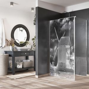 Grawer laserowy na szkle w kabinie prysznicowej/Radaway. Produkt zgłoszony do konkursu Dobry Design 2020.