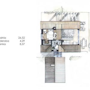 PODDASZE: 39,18 m2
1. sypialnia – 26,52 m2
2. garderoba – 4,29 m2
3. łazienka – 8,37 m2
Dom N11 – z sypialnią na antresoli. Projekt: arch. Sylwia Strzelecka. Fot. S&O Projekty Sylwii Strzeleckiej