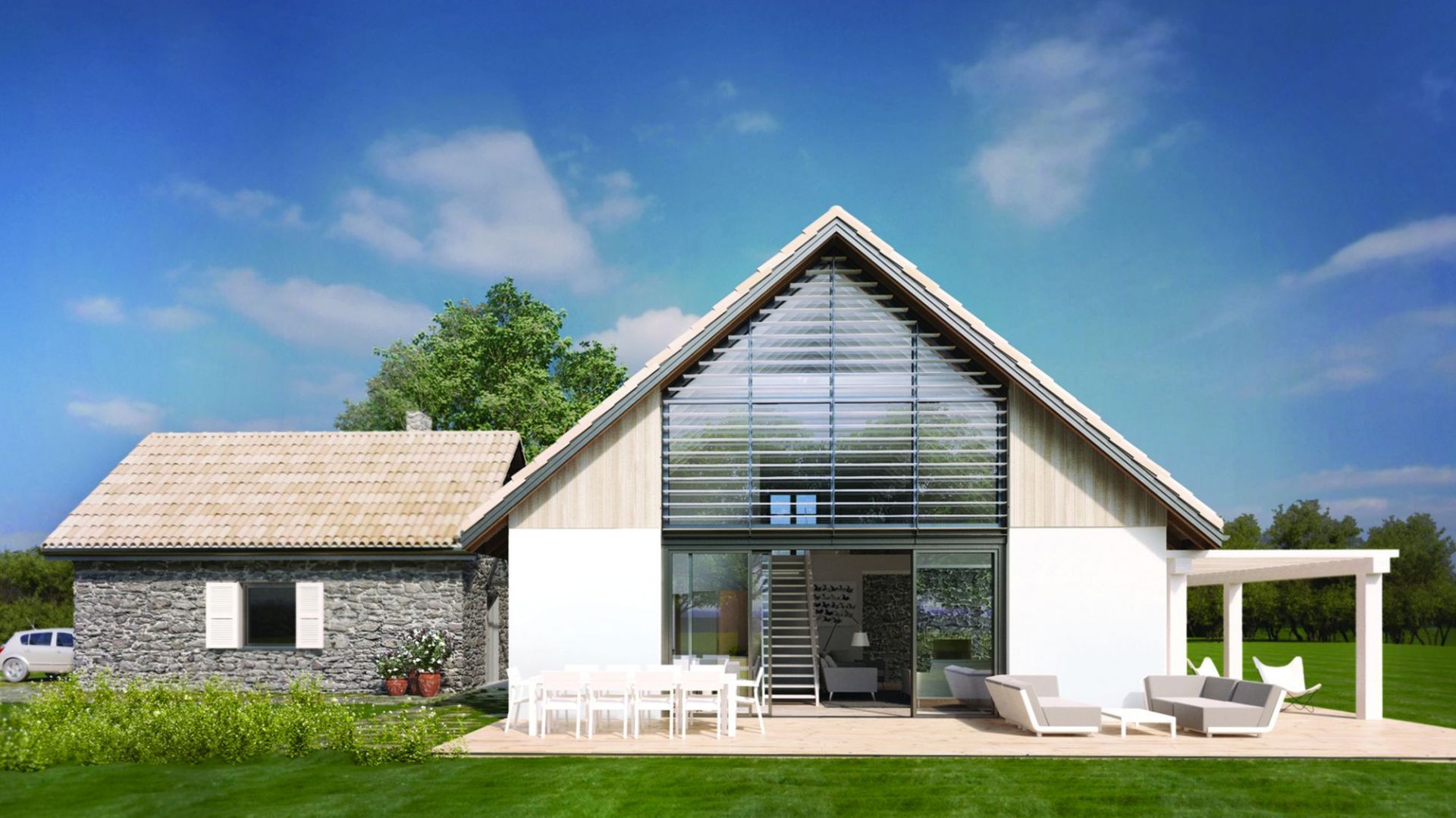 Nieduży, kameralny, funkcjonalny dom parterowy z poddaszem. Dom N11 – z sypialnią na antresoli. Projekt: arch. Sylwia Strzelecka. Fot. S&O Projekty Sylwii Strzeleckiej
