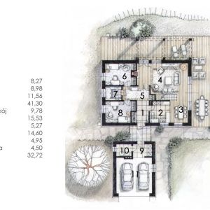 PARTER: 157,46 m2
1. sień – 8,27 m2
2. kuchnia – 8,98 m2
3. jadalnia – 11,56 m2
4. salon – 41,30 m2
5. przedpokój – 9,78 m2
6. pokój – 15,53 m2
7. łazienka – 5,27 m2
8. pokój – 14,60 m2
9. korytarz – 4,95 m2
10. kotłownia – 4,50 m2
11. garaż – 32,72 m2
Dom N11 – z sypialnią na antresoli. Projekt: arch. Sylwia Strzelecka. Fot. S&O Projekty Sylwii Strzeleckiej
