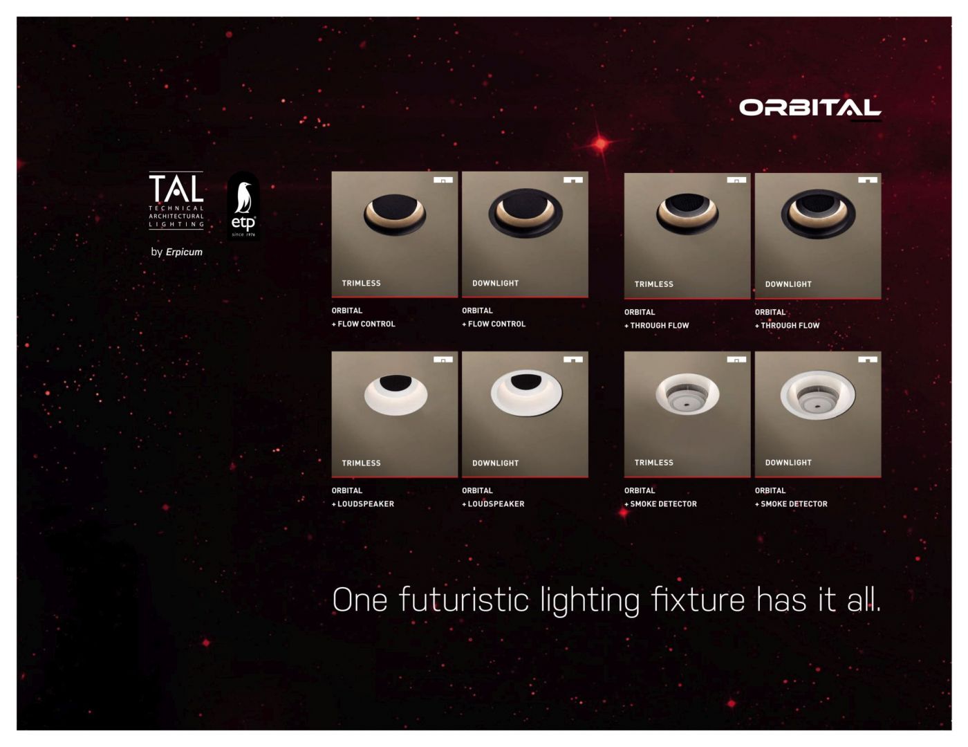 Tal Orbital - profesjonalny anemostat z wbudowaną oprawą oświetleniową oraz na życzenie głośnikiem/Produkt Design. Produkt zgłoszony do konkursu Dobry Design 2020.