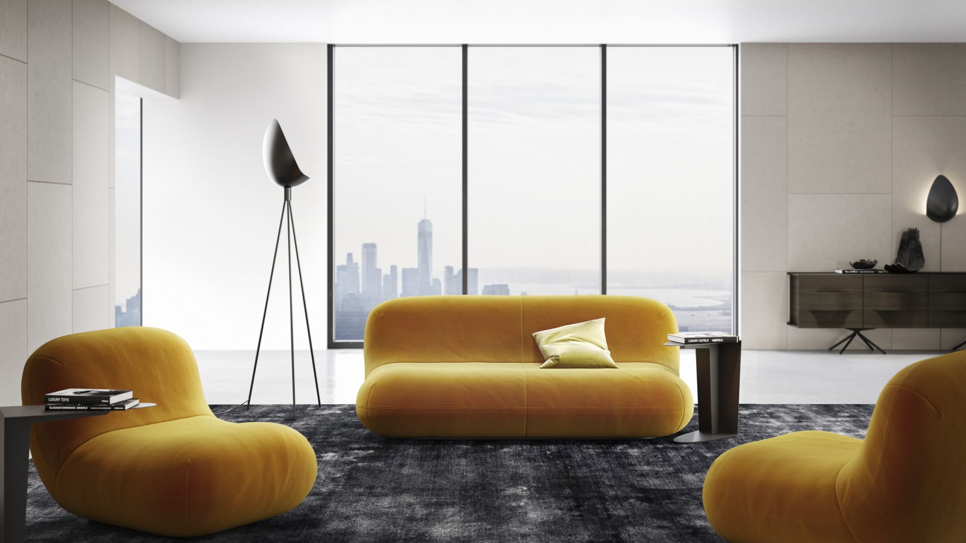 Zaprojektowana przez Karima Rashida kolekcja Chelsea to sofa, fotel i lampy. Fot. BoConcept