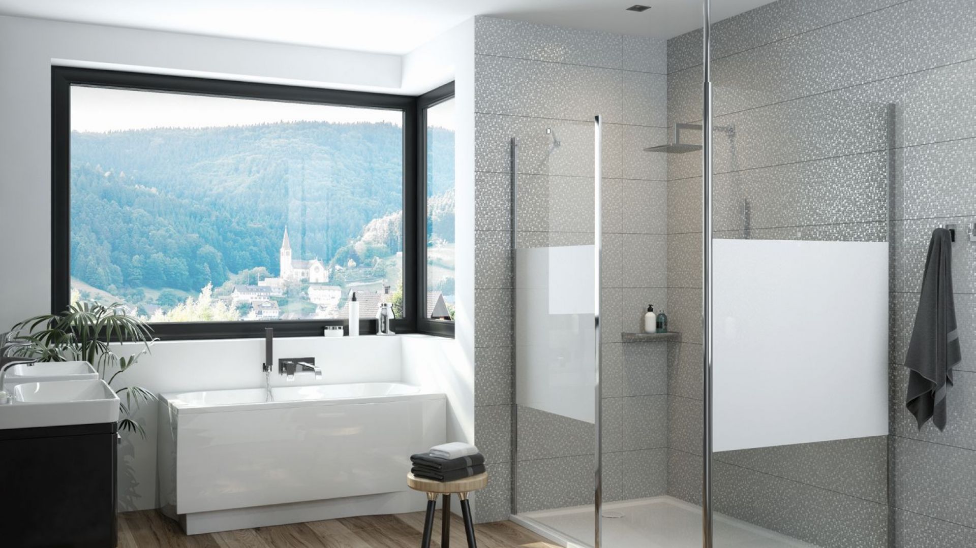 Kabina walk-in P/PRIII Prestige ze szkła 6 mm z modyfikacją powierzchni szkła Glass Protect ozdobionego sitodrukiem. Fot Sanplast