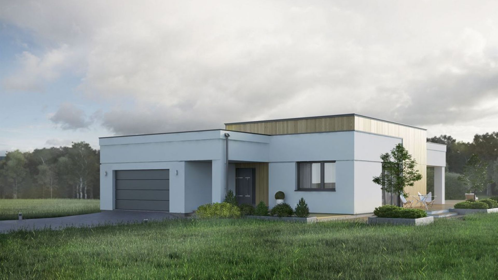 Bryłę domu urozmaicono wysuniętym garażem i materiałami elewacyjnymi. Fasada jest wykończona tynkiem z nutą naturalnego drewna. Dom Alibi. Projekt: arch. Tomasz Sobieszuk. Fot. MTM Styl/domywstylu.pl