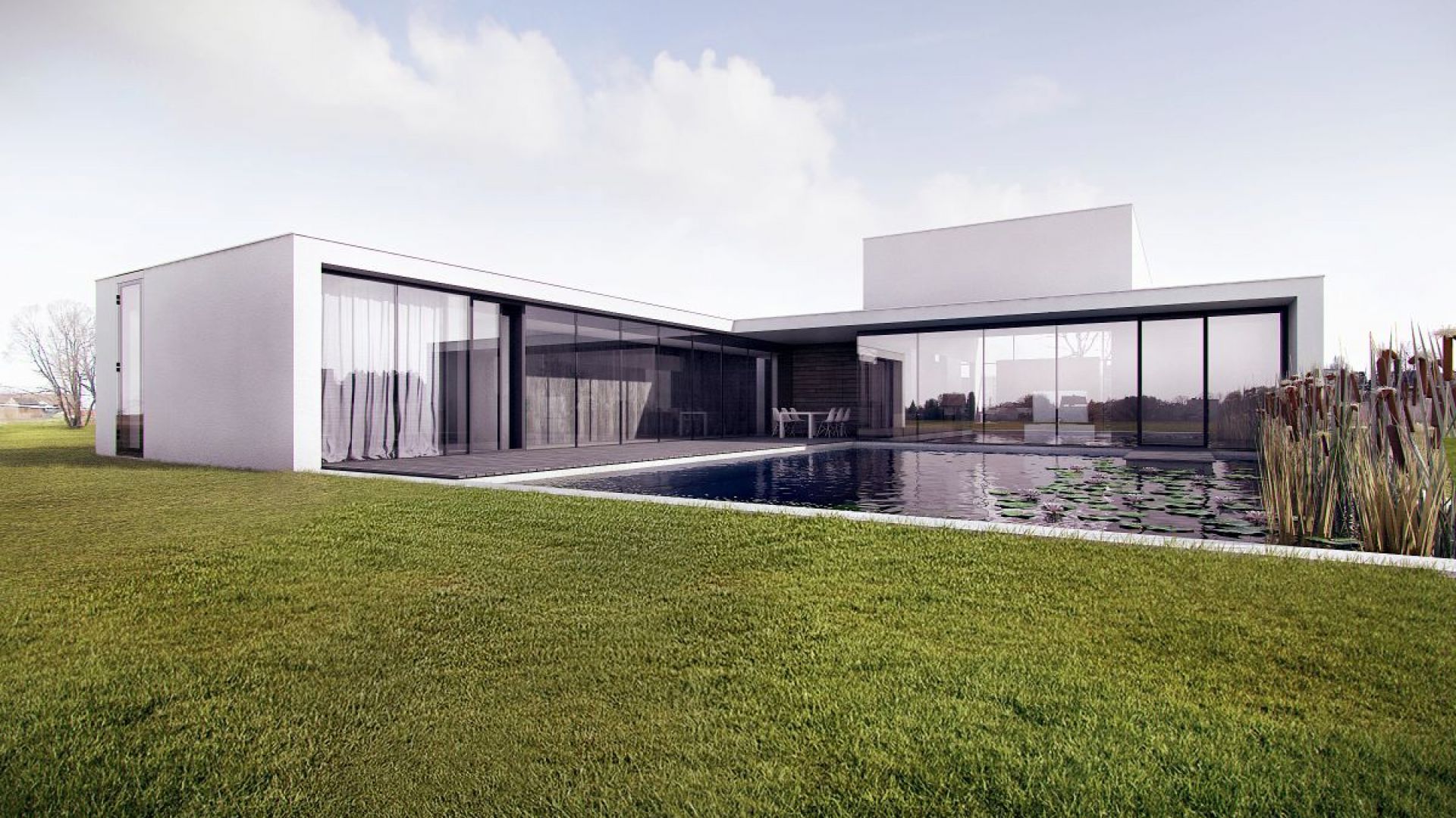 Elewacja ogrodowa jest praktycznie całkowicie przeszklona. Dom za murem. Projekt Architekci: KLUJ ARCHITEKCI /www.kluj.com.pl. Fot. Kluj Architekci