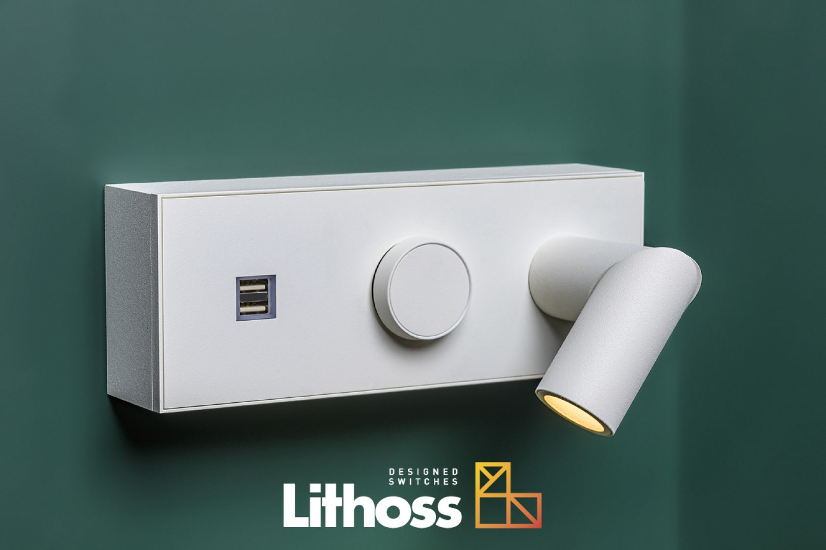 Zestaw Lithoss: Lampka + włącznik + gniazdo 230V + ładowarka USB/Produkt Design. Produkt zgłoszony do konkursu Dobry Design 2020.