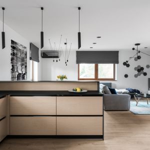 Od strony salonu kuchnię przesłania długi półwysep mogący służyć jako domowy bar dla czterech osób. Projekt: Estera i Robert Sosnowscy. Fot. FotoMohito