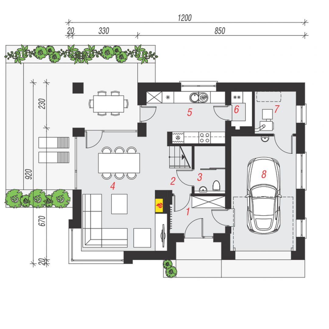 PARTER: 69,17 m2 (71,67 m2)
1. wiatrołap – 5,14 m2
2. hol – 1,84 m2 (2,93 m2)
3. toaleta – 2,26 m2 (3,67 m2)
4. salon + jadalnia – 25,07 m2
5. kuchnia – 9,64 m2
6. spiżarnia – 1,82 m2
7. kotłownia – 4,39 m2
8. garaż – 19,01 m2
