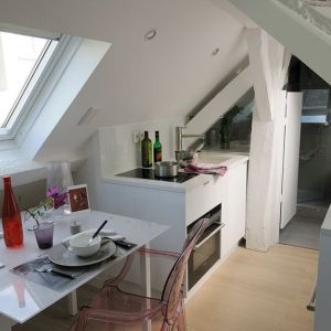 Pomimo 16 m2 w mieszkaniu zmieścił się niewielki aneks kuchenny i stół. Fot. www.sylviecahen.com