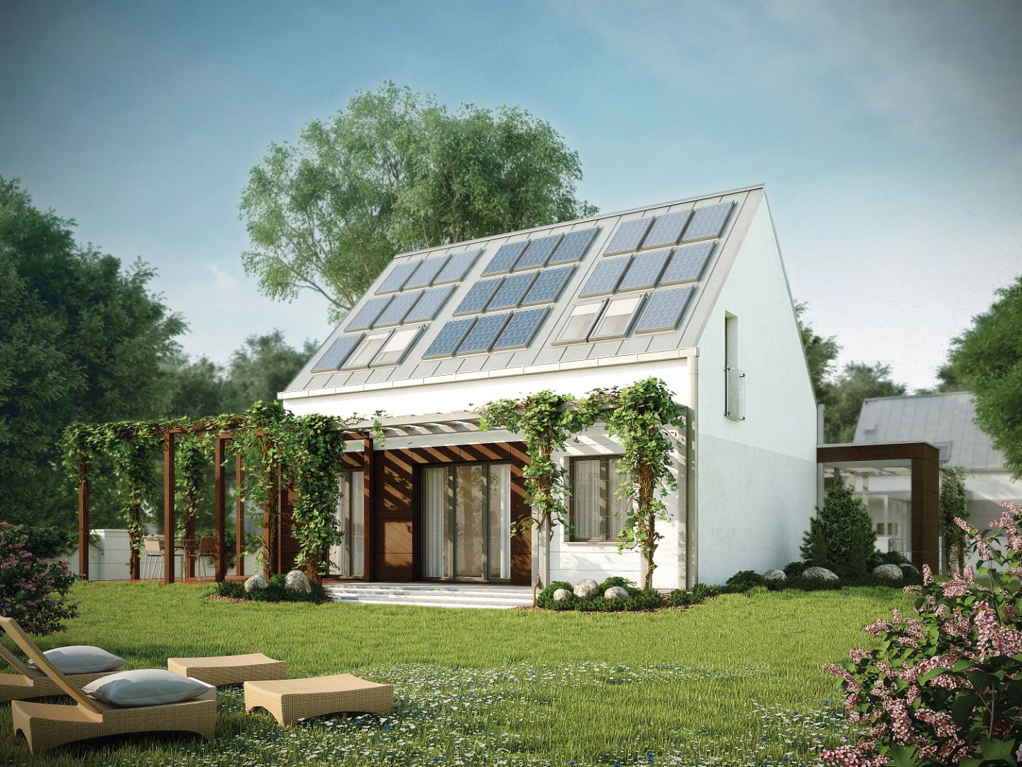Pergola może pełnić w architekturze ogrodowej wiele funkcji. Przede wszystkim stanowi podporę dla roślin. Jest także źródłem cienia na tarasie. Projekt: Malutki. Fot. Domy Czystej Energii