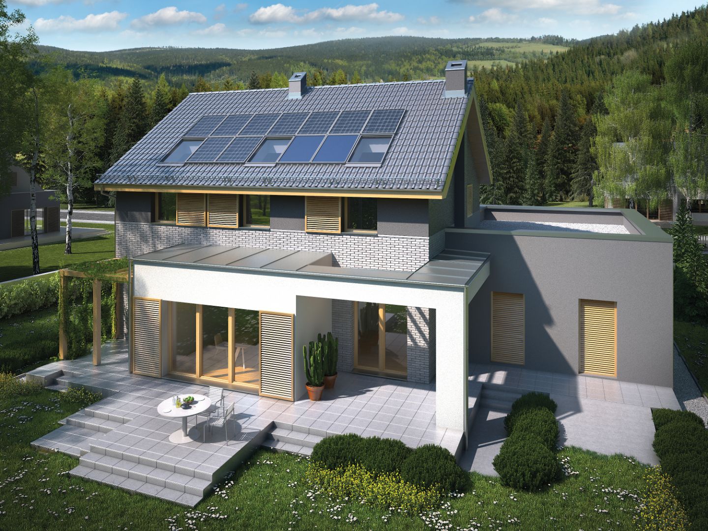 Znakiem rozpoznawczym domów energooszczędnych są instalacje wykorzystujące odnawialne źródła energii, np. kolektory słoneczne. Projekt: Sielski. Fot. Domy Czystej Energii