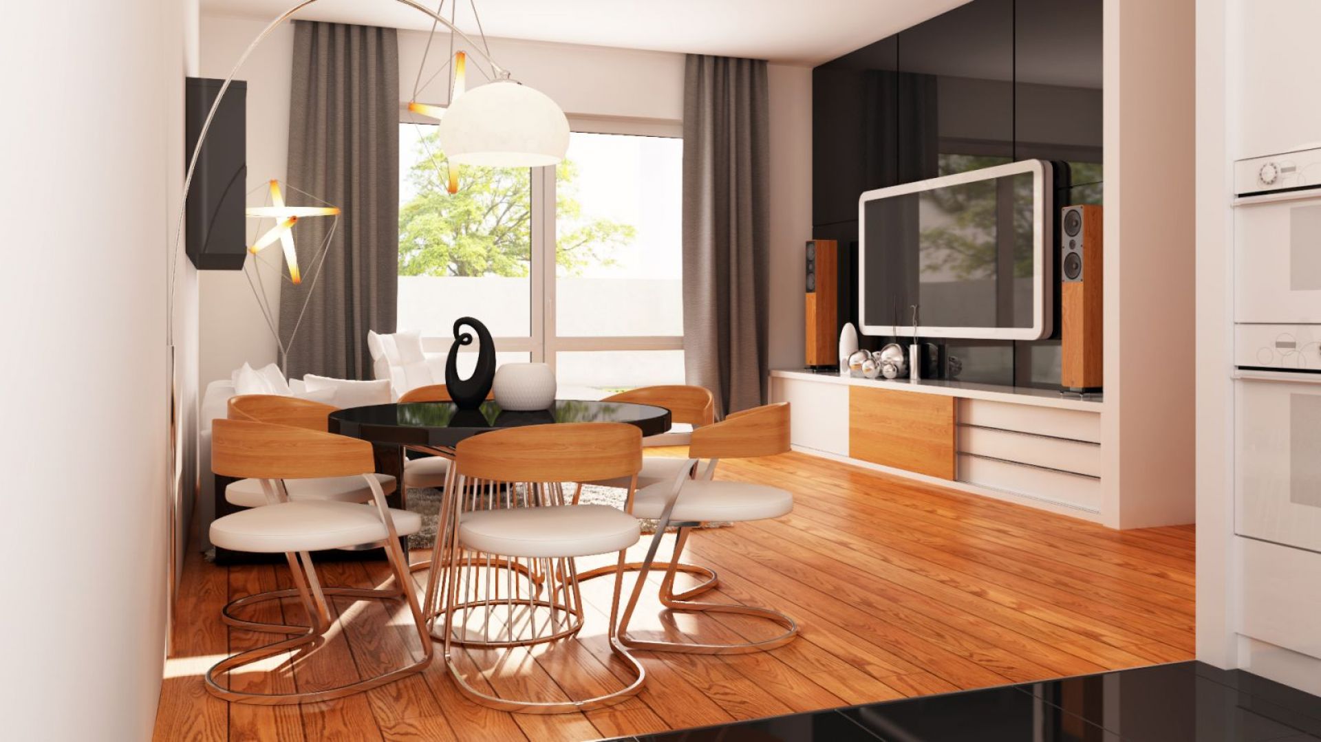 Wnętrze małego domu - nowoczesne połączenie bieli, czerni i drewna