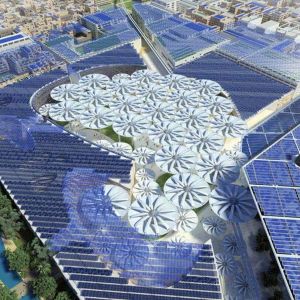Miasto ma być z założenia samowystarczalne energetycznie – będzie czerpać energię potrzebną do funkcjonowania z odnawialnych źródeł energii, takich jak: fotowoltaika czy systemy solarne. Proj. Foster and Partners, Fot. LAVA