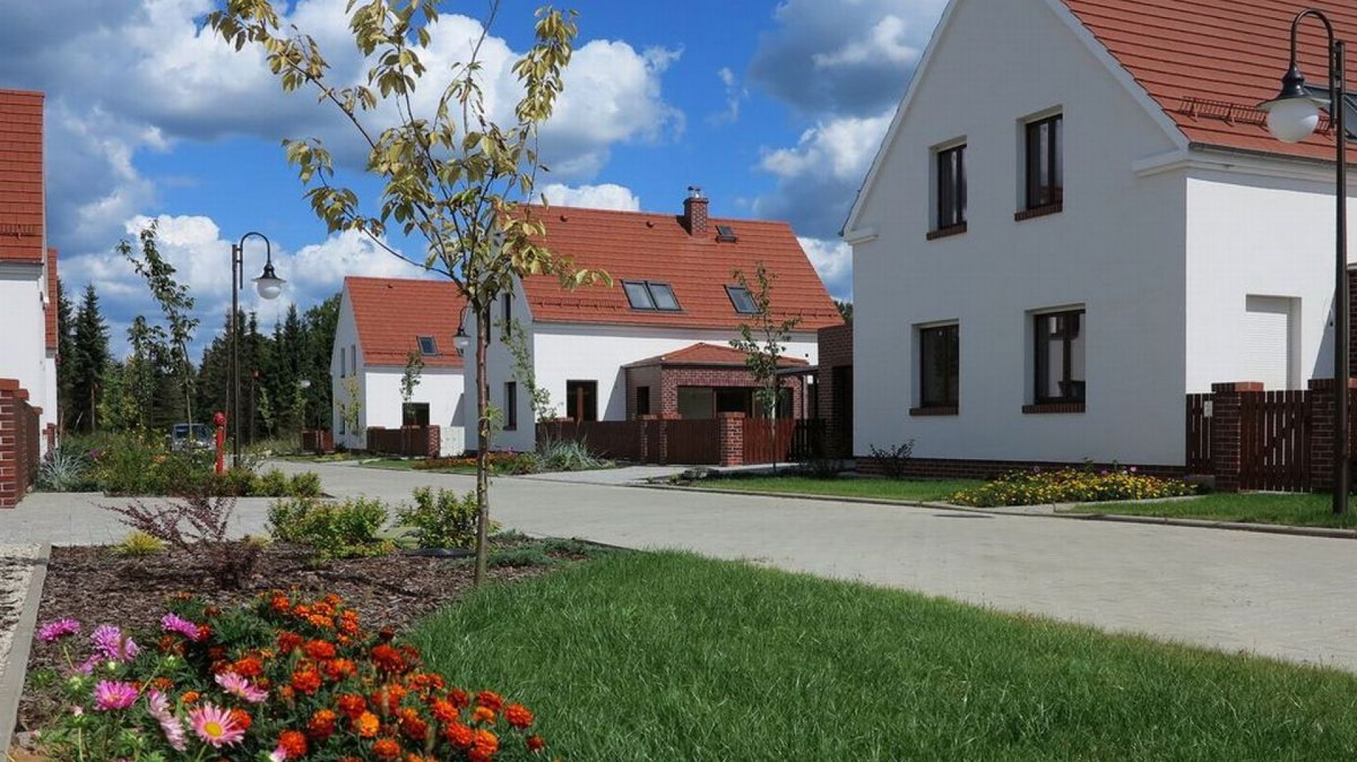Sześć białych domów stojących przy malowniczej drodze w pobliżu Jeziora Turawskiego do złudzenia przypomina typowe „jamniki