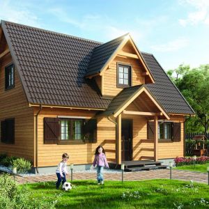 CAS Lubawa 108 to nieduży (74 m²) dom drewniany zbudowany w technologii szkieletowej. Dom z poddaszem przeznaczony jest dla 6-osobowej rodziny. Fot. Castor