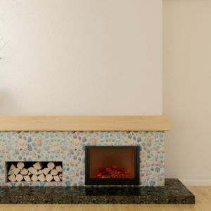 Ciekawym rozwiązaniem jest kolorowa, kamienna obudowa kominka, która dobrze ożywia jasną ścianę. Fot. Shutterstock