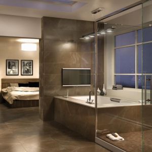 Elegancka i romantyczna łazienka w ciemnych brązach sprawdzi się w przestronnych wnętrzach, dodatkowo doświetlonych światłem naturalnym. Fot. Aparici