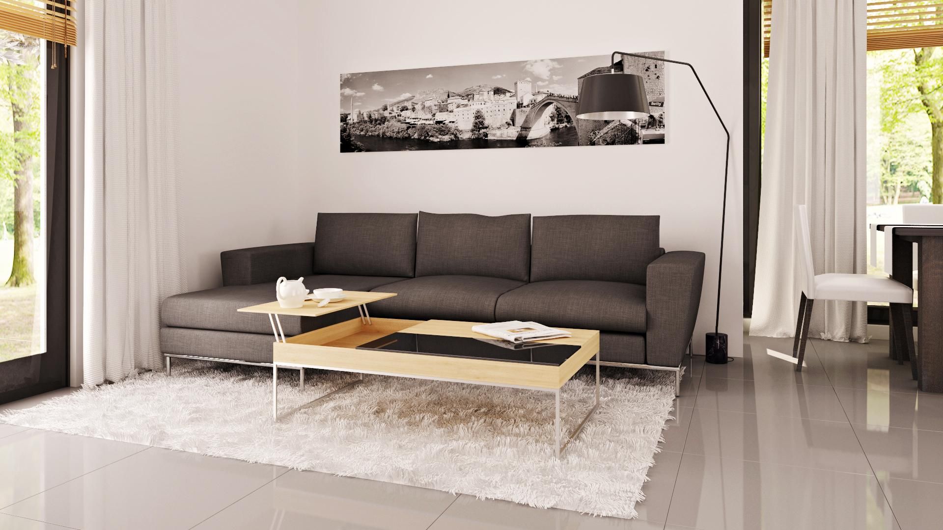 Jasne wnętrza ożywiają ciemne akcenty: sofa, lampa i rama okienna. Projekt: Z124. Fot. Z500