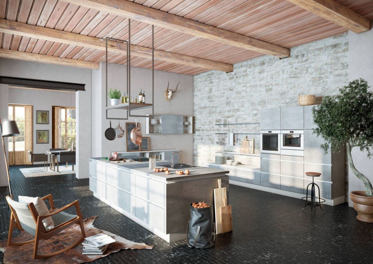 Odkryta więźba dachowa lub drewniane belki, cegła lub beton na ścianie, stylowe oświetlenie to główne wyznaczniki stylu loft w kuchni. Fot. Wellmann