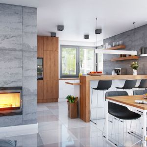 Jasne wnętrza kuchni i jadalni ocieplono drewnem, które dobrze komponuje się z nowoczesnymi elementami wyposażenia. Fot. Archon+