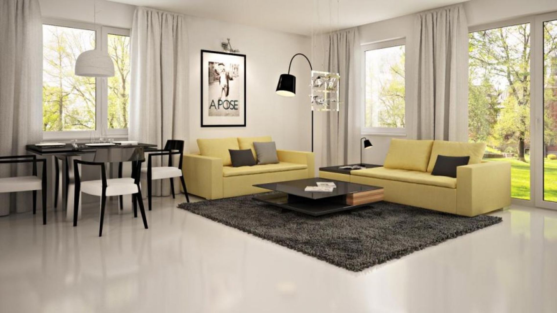 W tym nowoczesnym salonie dominuje biel ożywiona czernią i żółto-zielonymi barwami. Fot. Z500