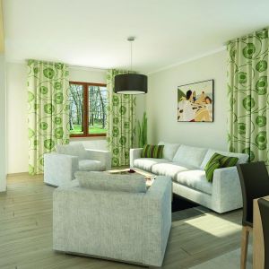 Wnętrze domu jest jasne, dominują barwy naturalne – beże, jasne brązy, szarości oraz zielone dodatki. Fot. MTM Styl