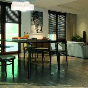 Wygięte krzesła drewniane i ciemny stół wpisują się w stylistykę całego wnętrza. Projekt domu Ambrozja, MTM Styl.