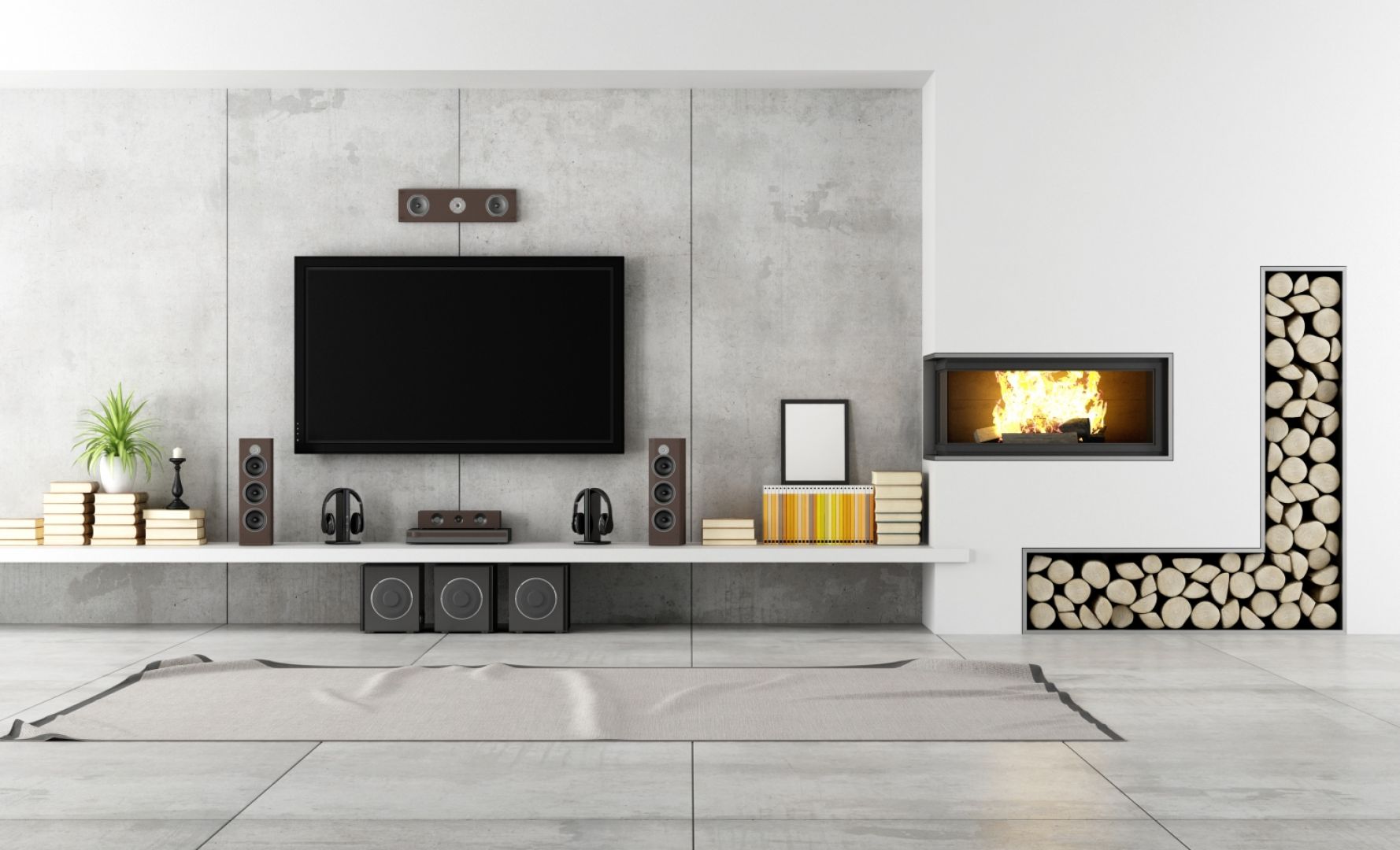Przykład ciekawej aranżacji ścianki z kominkiem i telewizorem. Fot. Shutterstock