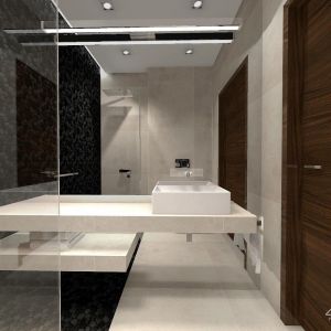 Również łazienka urządzona jest w minimalistycznym stylu. Dominuje w niej biel i czerń. Podobnie jak w innych pomieszczeniach znaleźć można tu także element drewniany - drzwi. Fot. HomeKoncept