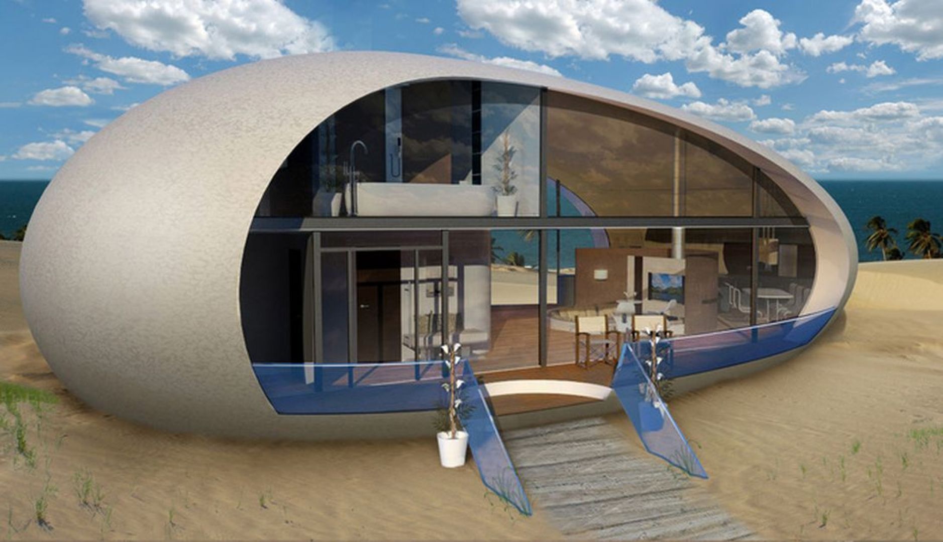 Zadokowane na plaży nowoczesne jajo może być całkiem luksusowym domem na wakacje. Fot. BMT Asia Pacifc Group/Henry Ward Design